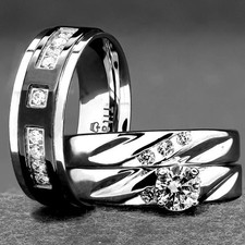  His and Hers Wedding Rings 3 pc ENGAGEMENT CZ 925 Sterling Silver Titanium SET picture