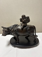 Japanese Vintage Bronze Statue Boy Riding Ox Bull Flute Okimono Figurine Craft picture