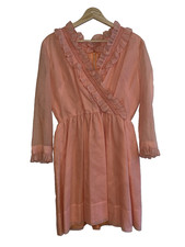 Vintage 70s Dress Peach/Pink S-M* Babydoll Disco Retro Sheer Long Sleeve picture