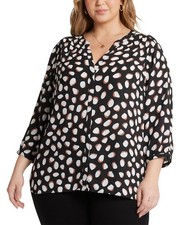 NYDJ Plus 2X Dot Print Pintuck Blouse Split Neck Button Front 3/4 Sleeve Top picture
