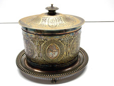 ANTIQUE EDWARDIAN ETCHED SILVER PLATE BISCUIT BOX W/ CLAW FEET * picture