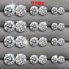 12 Pairs Stainless Steel Silver Stud Earrings Set CZ Round Crystal Men Women Kid picture
