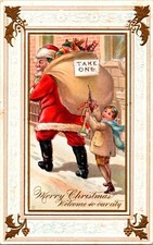 Vintage Santa Claus Boy Stealing, Toys Bugle from Bag Christmas Postcard UNUSUAL picture