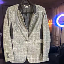DKNY Women’s Gray/Black Plaid Slim Fit Lined Button Blazer Jacket Size 8 picture