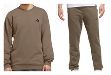 NWT MENS ADIDAS Mens Fleece CREWNECK SWEATPANTS SET KHAKI TAN BROWN picture