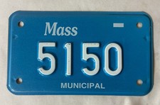 Rare Massachusetts Motorcycle License Plate - Municipal #5150 - White on Blue picture