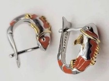 925 Sterling Silver Unique Koi Fish Horseshoe Hoop Earrings picture