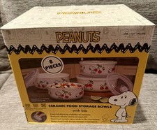 Peanuts Snoopy 8 Piece Ceramic Food Storage set Bowls With Lids Cherries Costco picture