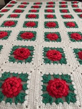 Vintage Handmade Crochet 3D Red Rose Throw/Blanket Granny Square 50