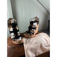 Jimmy Choo Black Gold Strappy Cork Platform Wedge Sandals EU 39 w/Dust Bag picture