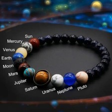 Universe Galaxy the Nine Planets Solar System Blue Sandstone Healing Bracelet picture
