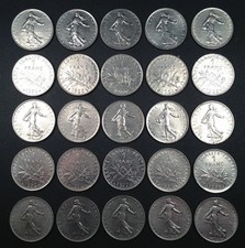 France Coin Lot - 25 One Franc Coins - PURE NICKEL French Francs picture