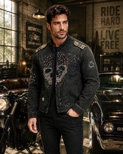 Denim Gorgeous Handmade Upcycling Beaded Skeleton Men's L picture