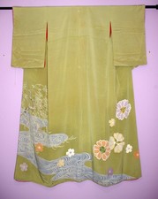 Matcha Green Geisha's Hikizuri Susohiki Silk Vintage Japanese Kimono US SHIP picture