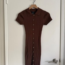 Y2K Brown Ribbed Knit Button Down Polo Mini Dress Preppy 90s picture