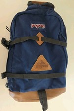 VTG JanSport Leather Bottom Backpack Made in USA Blue Patch 1990s picture