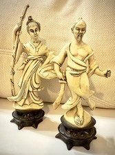 Vintage Hong Kong Faux Ivory Resin Fisherwoman & Swordsman Figurines picture