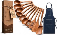 10 Pcs Wooden Cooking Spoons with Apron - Natural Teak Wood Kitchen Utensil Set picture
