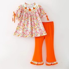 NEW Boutique Smocked Floral Pumpkin Short Sleeve Tunic & Leggings Girls Outfit picture