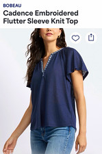 Bobeau Women’s Med Navy Blue Solid Knit Split Neck Flutter Sleeve Top Stretch picture