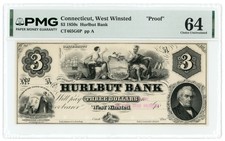 1850s Hurlbut Bank West Winsted Connecticut CT $3 Proof Note PMG 64 (67797) picture