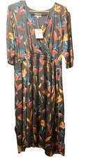 Plus Sz 2X RYLLACE Luxury Wrap Jersey Gray W Pink Blue Floral Dress 3/4 Sleeves picture