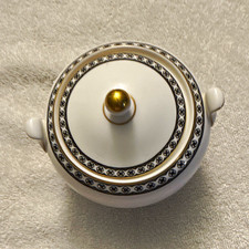 Wedgwood Ulander R4407 Bone China Sugar Bowl w/ Lid White Black Gold picture