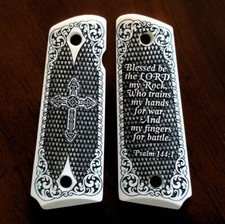 1911 full size custom 3D engraved imitation ivory grips scroll Cross Psalm 144:1 picture