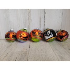 Halloween vintage witch black cat ball ornament Xmas glass set glitter owl moon picture
