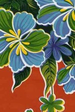 Oilcloth Fabric Tropical Hibiscus Red Pattern Sold in Yard or Bolt picture