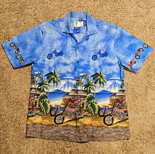 Vtg KY's Mens Hawaiian Motorcycle Graphic Print Button-Up Shirt Sz L USA Made picture