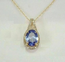 2Ct Oval Cut Blue Tanzanite Diamond Halo Pendant Necklace 14K Yellow Gold Finish picture