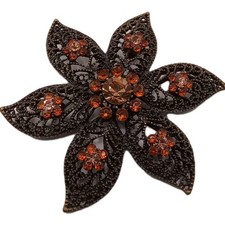 Vintage Filigree Flower Brooch Pendant Amber Rhinestone Antique GT Pin 2 3/4 in picture