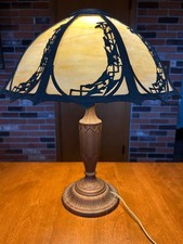 Antique H.E. Rainaud Slag Glass Table Lamp 17” 8 Panel Overlay Shade c.1920s picture