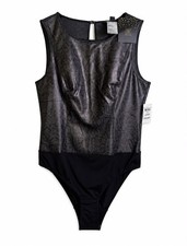 INC International Concepts Black Faux Leather Snake Print Bodysuit Size L NWT picture