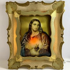 VINTAGE Lighted Sacred Heart Jesus Framed Religious Art Ornate Gold Working  picture
