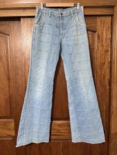 Vintage Men's Tall (34 x 37 1/2) Denim Windowpane Patchwork Jeans 1970's picture
