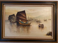Vintage P. Wong Signed Chinese Junk Boats Oil Painting - 24x36 Fram Harbor Scene picture