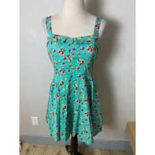 Vintage IXIA Teal Fruit Floral Fit Flare Dress 90s Y2K Sweetheart Tie Back USA picture