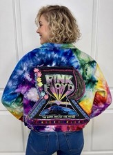 Upcycled Handmade Pink Floyd Tie-Dye Denim Jacket Sz S Boho Hippy Rock Artsy picture