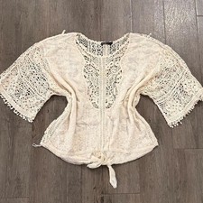 Vintage 2000s boho Y2K cream knit crochet blouse floral designs, size L picture