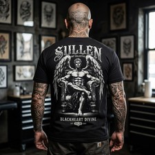 Dark Fallen Angel Tattoo Style Sullen Art Black T-Shirt Chicano Men, S-5XL picture