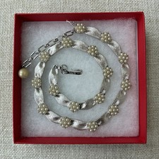 Crown Trifari Necklace Birthday Ribbon Choker Faux Pearl Silver Tone 15” VTG picture