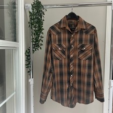 Gently Used Roper Mens Brown Plaid Pearl Snap Western Long Sleeve Shirt Size M picture