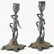WMF Antique Art Nouveau Silver  Candlesticks Fine Rare Male Figural Pewter  picture