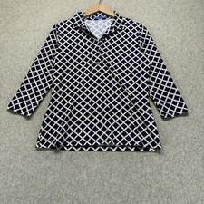 JMcLaughlin Polo Shirt Women’s Medium Blue White Geometric 3/4 Sleeve Stretch picture