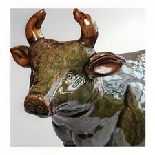 Large Vintage Pottery Sculpture Green & Brown Drip Glazed Ceramic Cow picture
