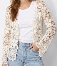 Vintage Chadwick’s Crochet Cardigan Womens L Ivory Ramie Cotton Floral Open Knit picture
