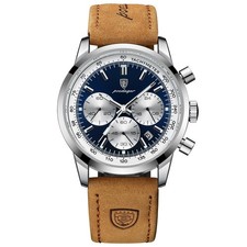 POEDAGAR 921 Mens Quartz Watch Blue Dial Tan Leather Strap Silver Tone Case picture