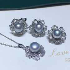 Gorgeous AAAAA 9-10mm South Sea Gray Stud Pearl Pendant &earring&ring Set 925s. picture